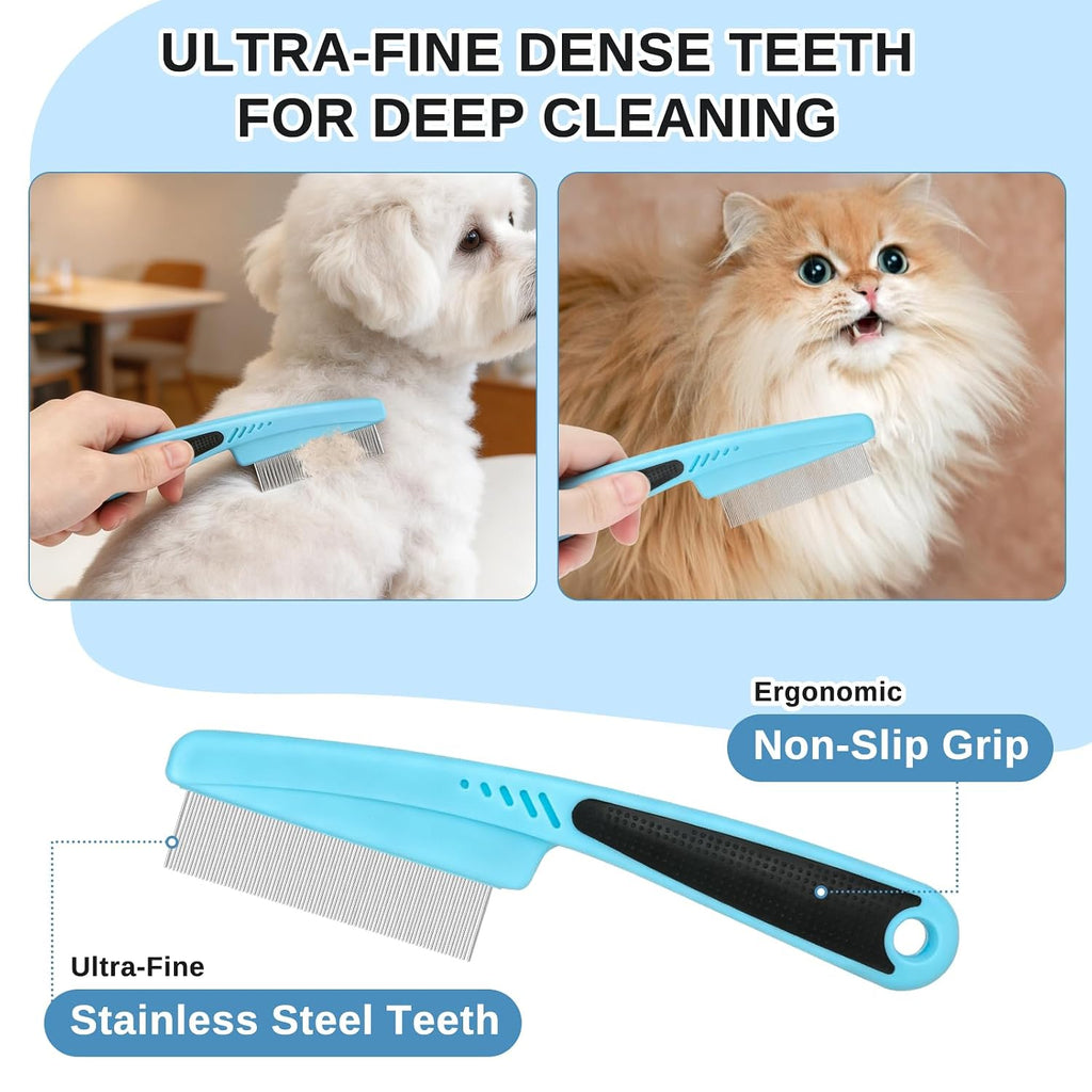 Pet Grooming Combo and Flea Comb, Flea and Tick Combs for Dogs and Cats, Deshedding Brush with Metal Comb for Detangling and Dematting Long, Matted Fur on Cats and Dogs(2pcs)