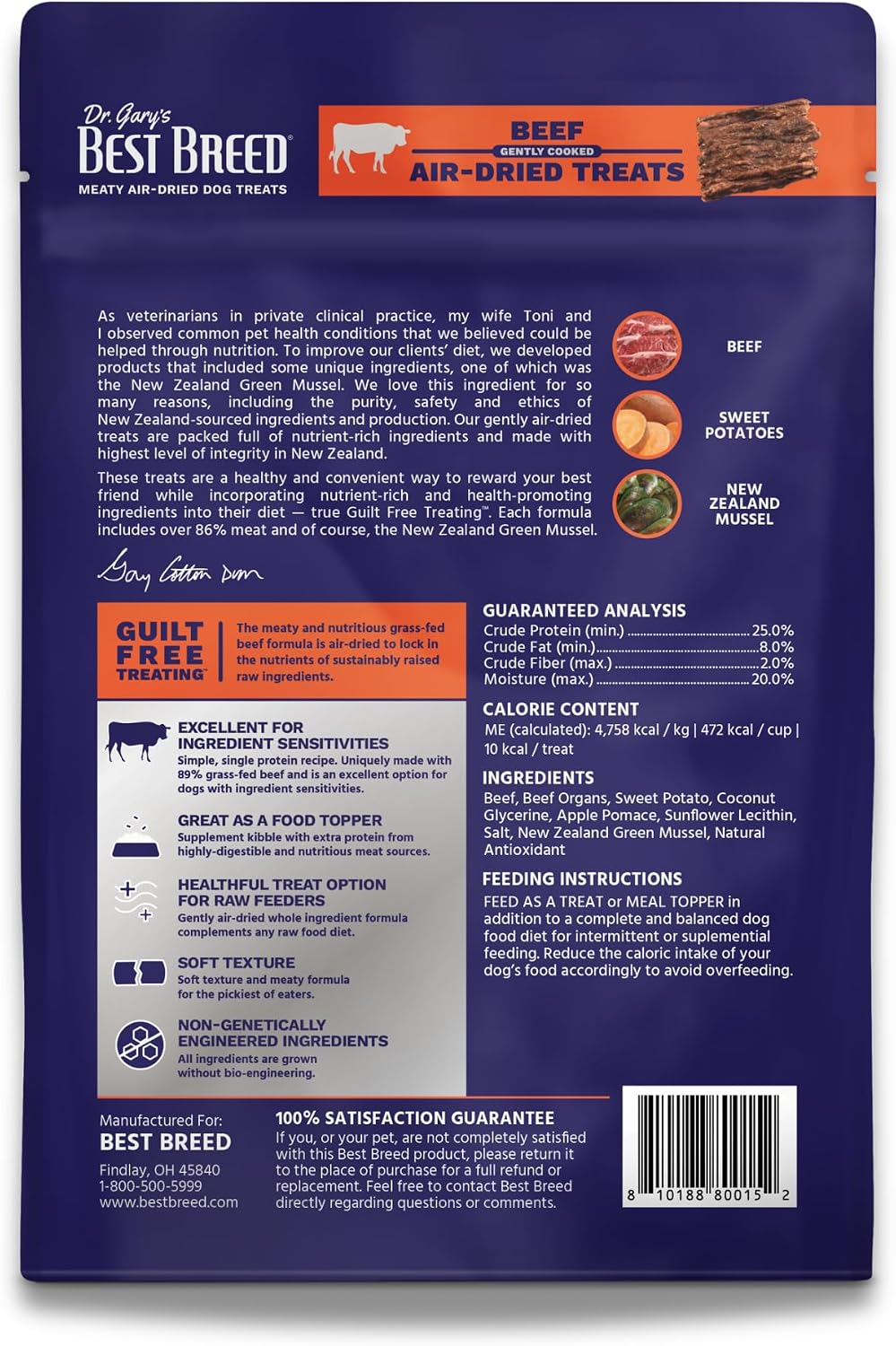 Dr. Gary’s Best Breed Air-Dried Dog Treats & Food Topper – Grass-Fed New Zealand Beef, Single Protein for Sensitive Dogs, Grain-Free (4.5 oz)
