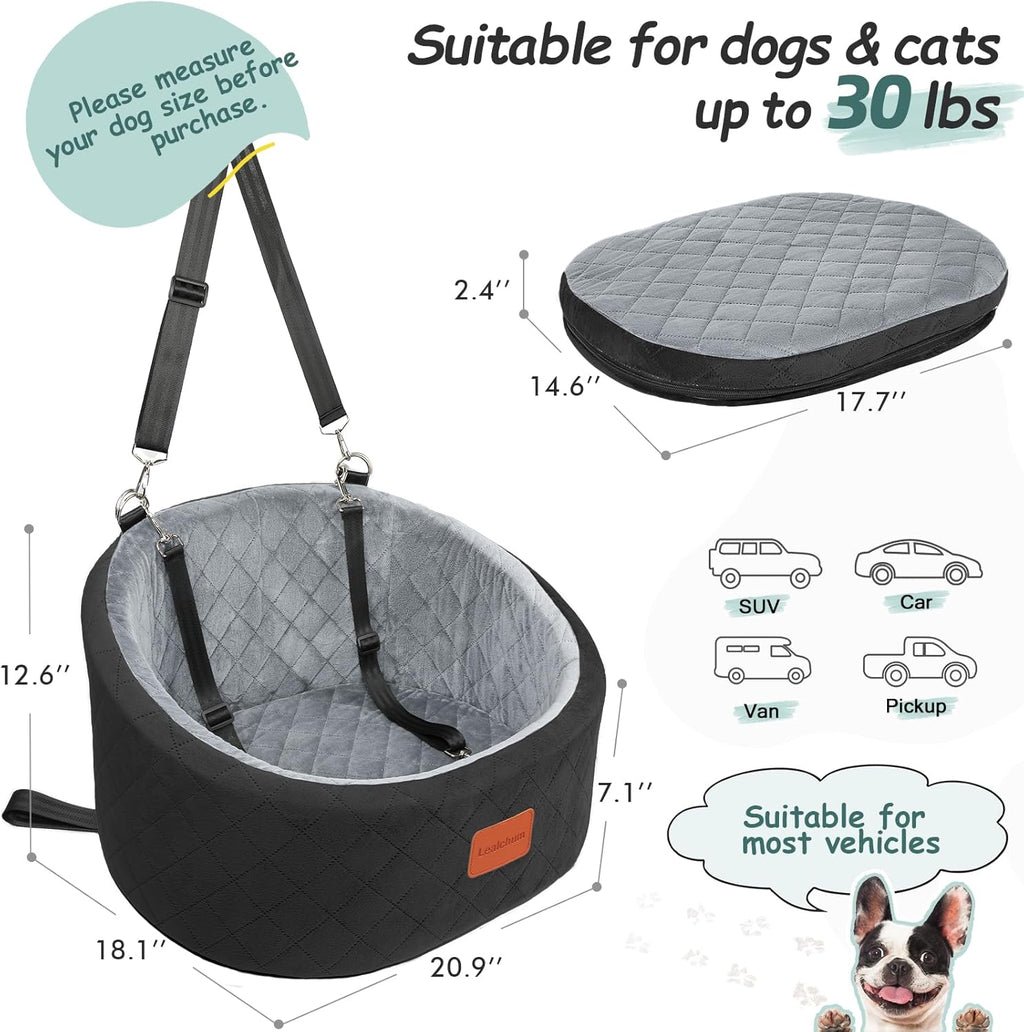 Lealchum Dog Car Seat for Small Dogs Up to 30 Lbs,Ultra Soft Fabric Fill in Comfy Memory Foam,Happy Pet Ride,2 Safety Dog Leashes,Fully Detachable and Washable,Anti Slip Base(Black/Grey)