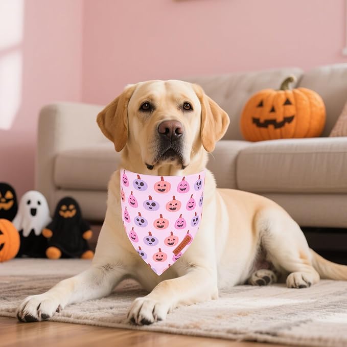 ADOGGYGO Pink Halloween Dog Bandanas 2 Pack, Reversible Ghost Pumpkin Scarf Bib, Adjustable Fit Pink Halloween Bandana for Medium Large Dogs Girl (Large)