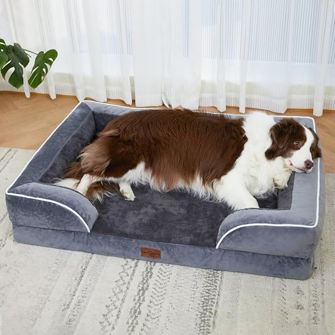 Comfort Expression Orthopedic Dog Bed for Extra Large Dogs 45x35 Inch, Waterproof Supportive Memory Foam XL Pet Bed with Removable Bolster, Dog Couch with Washable Cover & Non-Slip Bottom, Leaden Grey