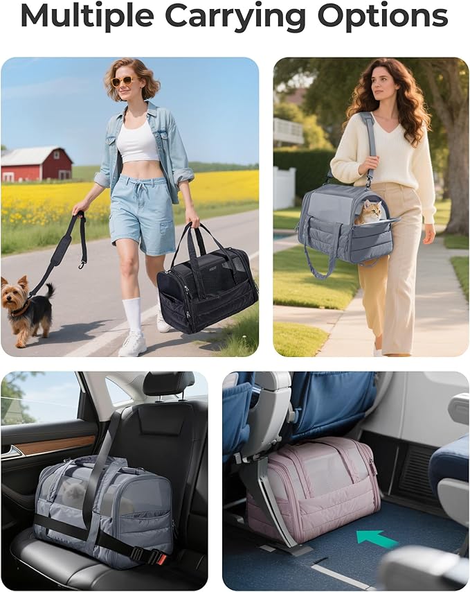 BAGSMART Cat Carrier: Soft-Sided Pet Carrier for Small Medium Cats Dogs Puppy Quilted Collapsible Puffy Travel Bag Up to 20 Lbs Grey