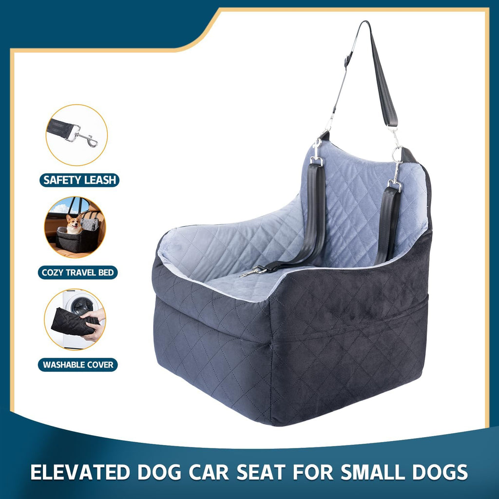 Dog Car Seat for Small Dogs, Elevated Booster Seat with Leash | Washable Pet Travel Bed with Anti-Slip Base, Cozy Padded Car Seat for Dogs Up to 30 lbs, Secure & Comfortable Road Trips