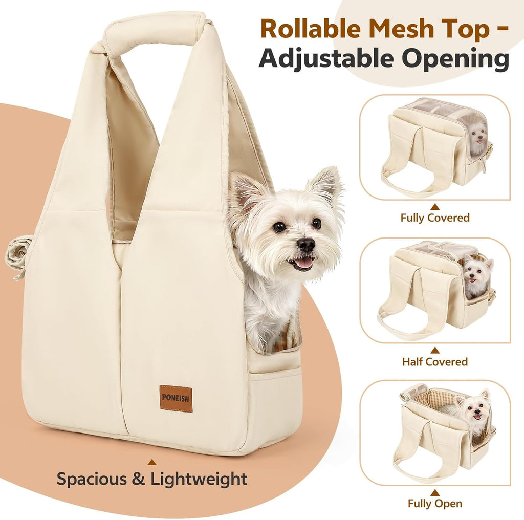 Dog Purse Carrier for Small Dogs and Cats, Soft-Sided Pet Tote Bag with 6 Large Pockets, Collapsible Travel Puppy Carrier with Small Cushion, Fits Pets up to 6 lbs (Beige, 13.6" L x 6.6" W x 10" H)