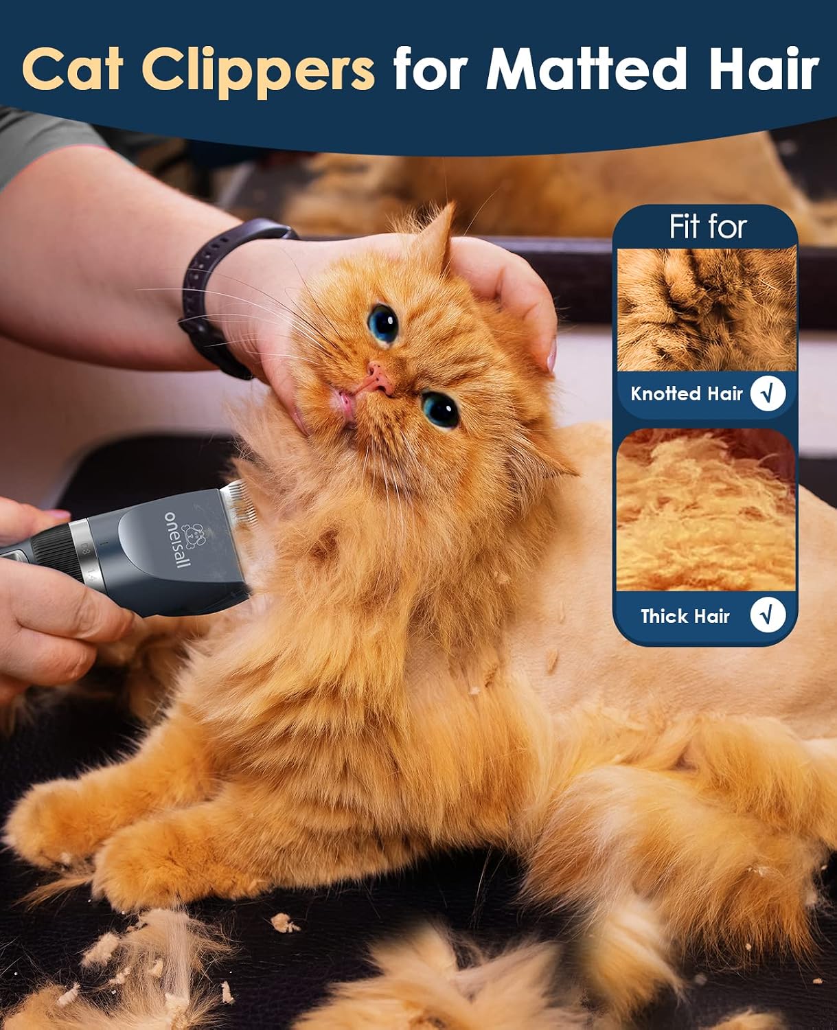 oneisall Quiet Cat Clippers for Matted Hair & Long Hair, Cat Shaver | Cordless Cat Grooming Kit, LCD Display, 6 Guard Combs, 240-Min Runtime, 2-Speed Low Noise Trimmer for Cats & Small Dogs