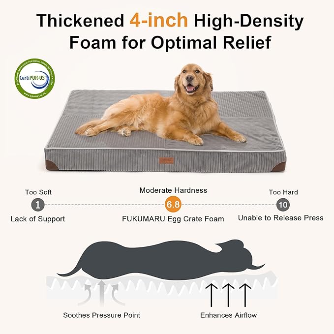 FUKUMARU Dog Bed, Thickened Corduroy Orthopedic Dog Beds with Washable Cover, XL Waterproof Dogs Bed for Crate, 28D Egg Crate Foam Support Pet Mat, Cozy Pet Bed Pad with Anti-Slip Bottom, Grey