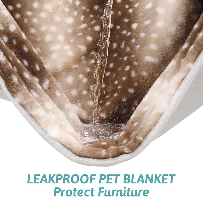 Luxury Faux Fur Blanket Deer Print, Waterproof Pet Blanket Washable, Woman Sofa Bed Couch Throw, Liquid Pee Proof for Large Dog or Cat, Reversible, Super Soft, 50x60 inch, Brown