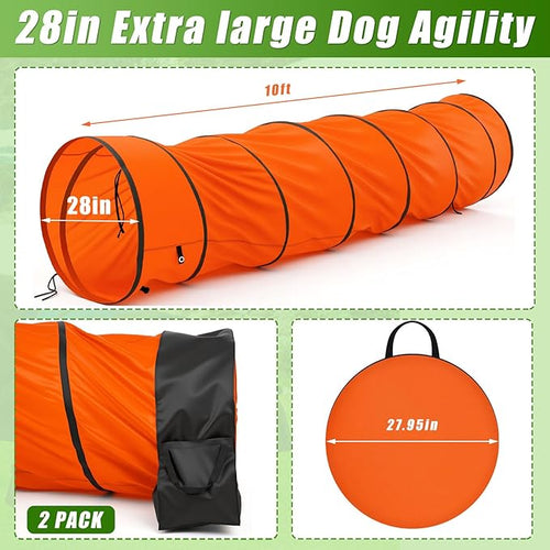 28 in 10 Foot Orange Extra Large Dog Agility Tunnel with Sandbags Dogs Agility Training Equipment Tunnel with 3 Pack Sandbags Carry Bag and 4 Ground Spikes for All Medium and Large Dogs