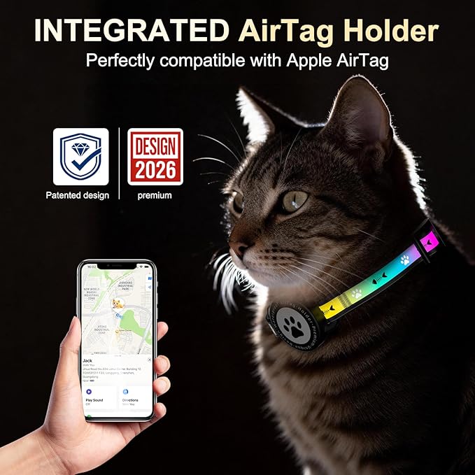 Airtag Cat Collar Breakaway, Reflective Cat Collar with AirTag Holder and Bell, Compatible with Apple Air Tag, Comfortable Padding, Adjustable, Durable (Black)