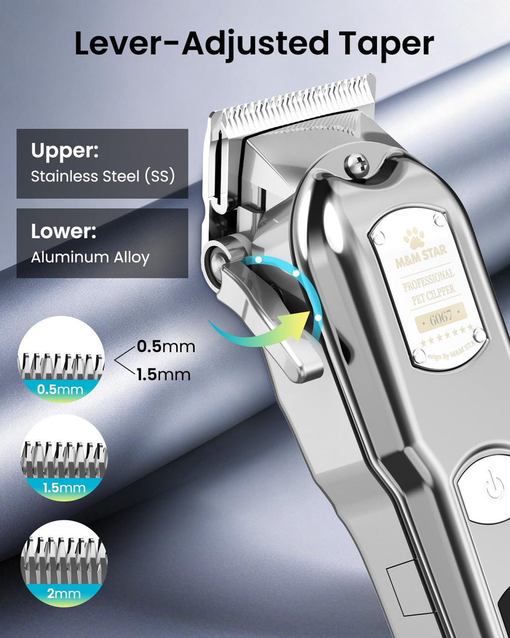 M&M STAR Dog Clippers for Grooming Thick Heavy Coats, All-Metal Body Low Noise Cordless Rechargeable Dog Hair Trimmer, Stainless Steel Blade, Professional Pet Grooming Kit for Dogs & Cats (Silver)