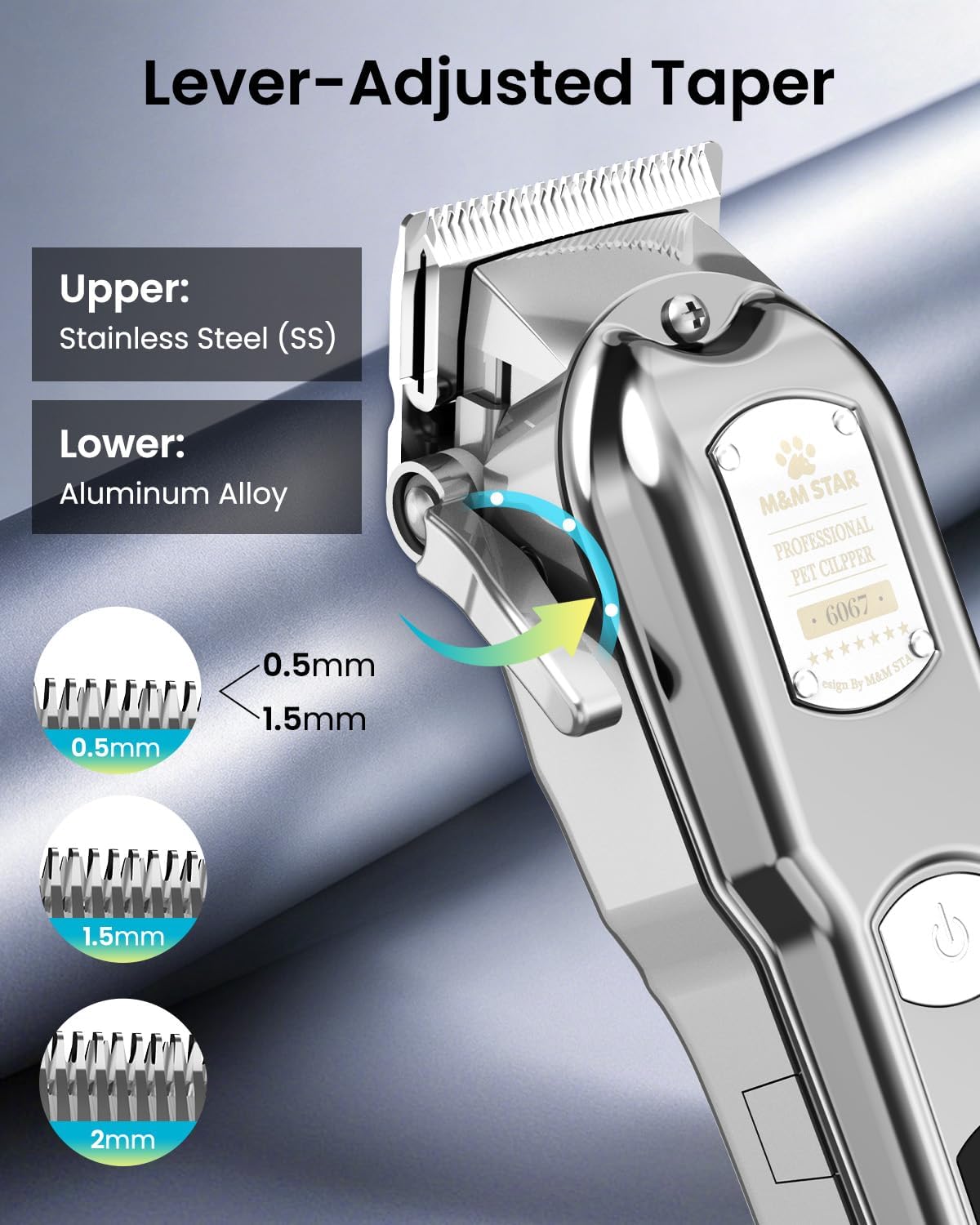 M&M STAR Dog Clippers for Grooming Thick Heavy Coats, All-Metal Body Low Noise Cordless Rechargeable Dog Hair Trimmer, Stainless Steel Blade, Professional Pet Grooming Kit for Dogs & Cats (Silver)