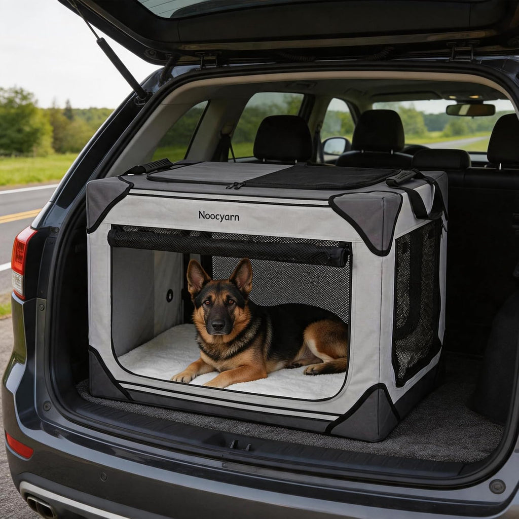 Collapsible Soft Dog Crate 36 Inch, Portable Travel Pet Crate for Large Dogs with 4-Door Mesh, Large Dog Kennel Indoor & Outdoor, Light Grey