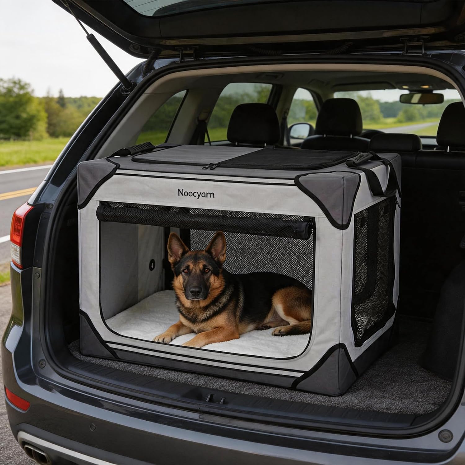 Collapsible Soft Dog Crate 36 Inch, Portable Travel Pet Crate for Large Dogs with 4-Door Mesh, Large Dog Kennel Indoor & Outdoor, Light Grey