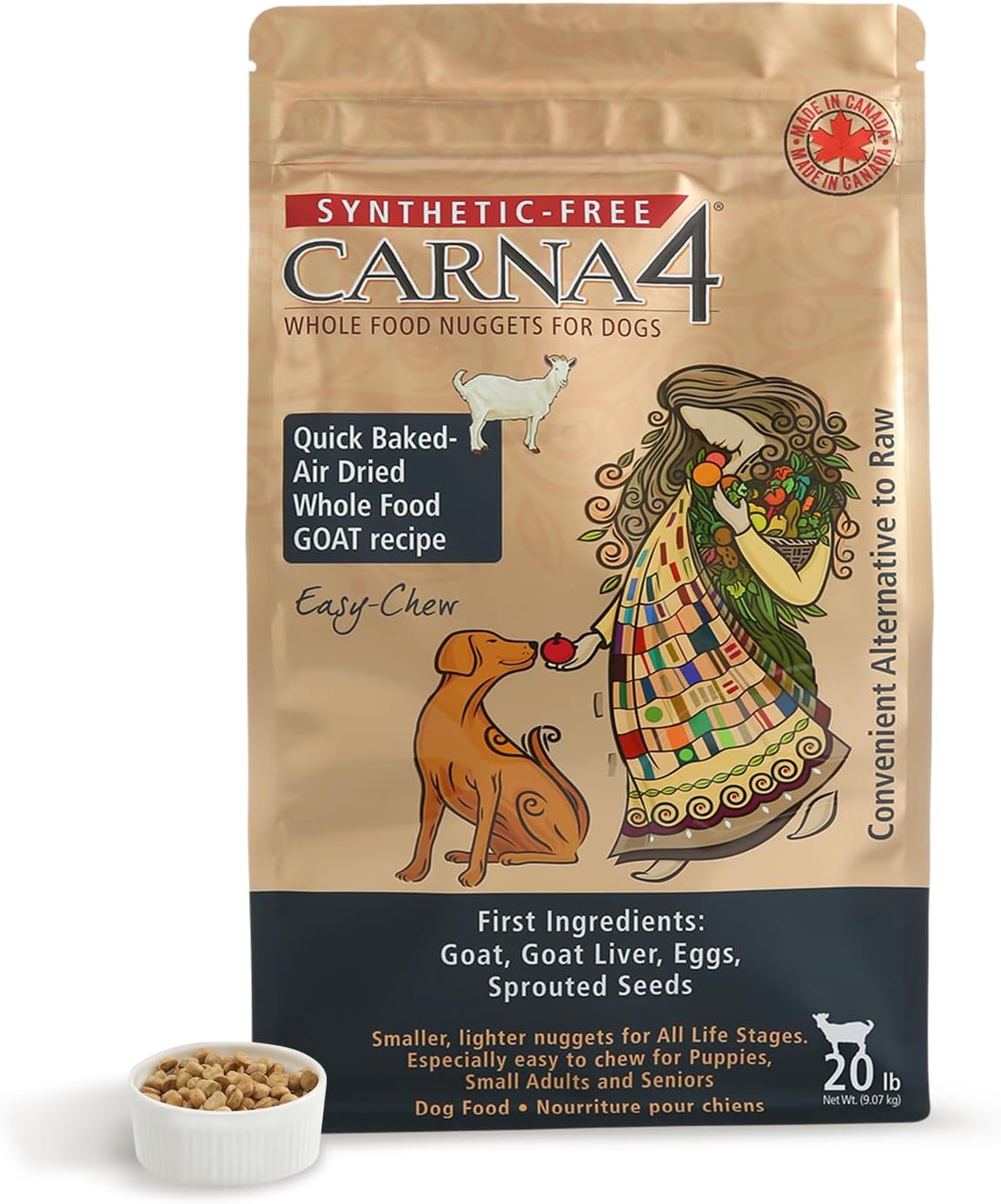 CARNA4 Air Dried Dog Food, Goat Recipe, Grain-Free, 20 Pound | Pastured Goat, Liver & Sprouted Seeds, Quick-Baked & Never Extruded, Easy-Chew, No Synthetic Vitamins or Minerals