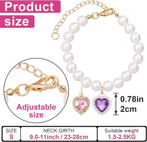 2pcs Cat Pearl Collar with Heart Pendant, Cute Pearl Pet Necklace in Small, Adjustable Wedding Party Small Dog Jewelry Accessories for Puppy Kitten- Pink & Purple