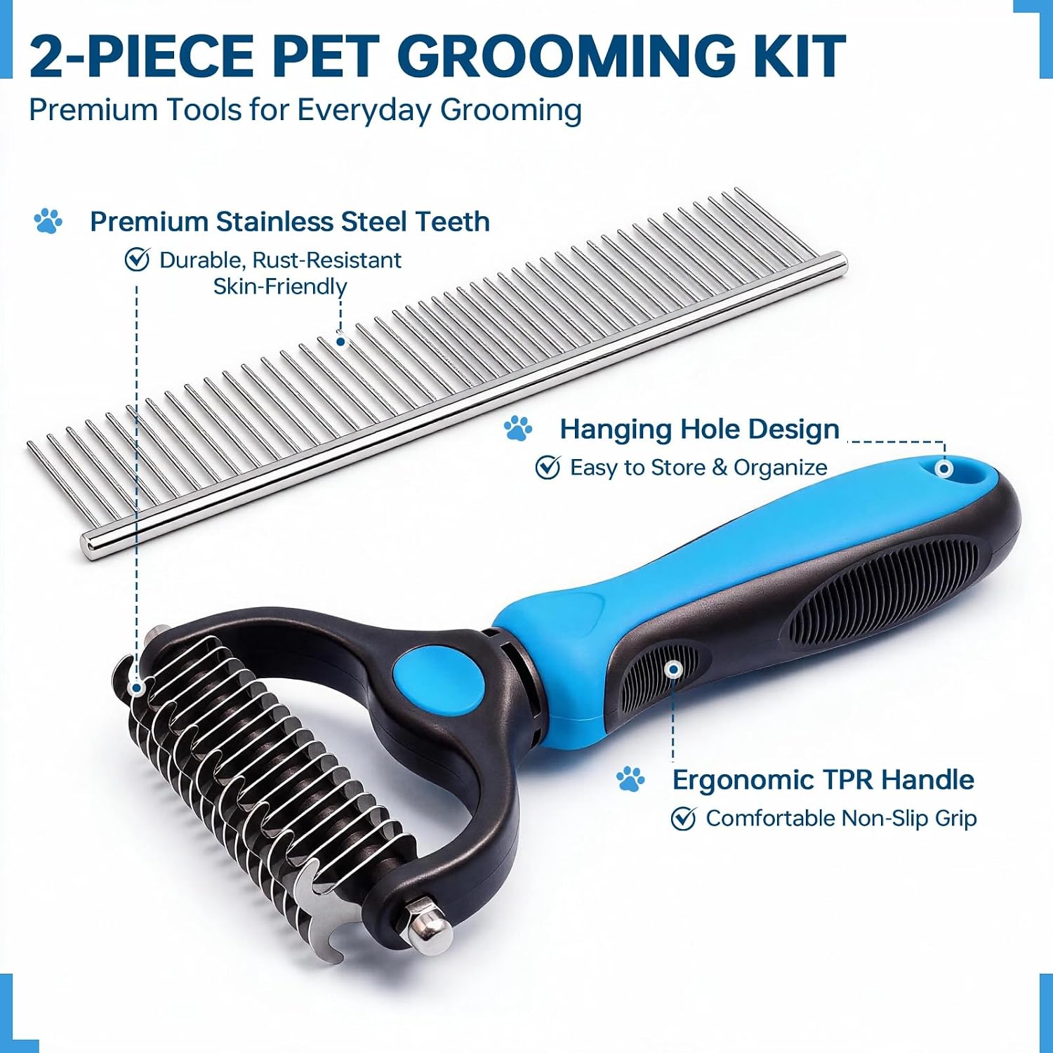 Pet Grooming Comb Set, Double-Sided Dematting Comb & Deshedding Brush with 2-in-1 Metal Comb for Dogs & Cats, Undercoat Rake for Heavy Shedding, Detangling Long Hair & Thick Coats, Blue
