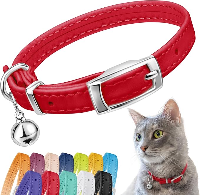 CollarDirect Leather Cat Collar, Cat Safety Collar with Elastic Strap, Kitten Collar with Bell Black Blue Red Orange Lime Green (6-7 Inch, Red)