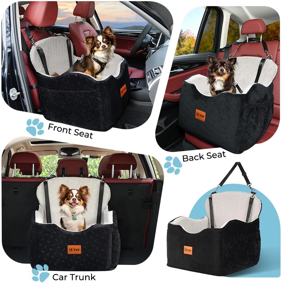 KYG Dog Car Seat for Small/Medium Dogs Under 35lbs | Waterproof, Non-Slip, Memory Foam, Harness, Removable Washable Cover, Storage Pockets, 2 Cushions (Warm/Cool)