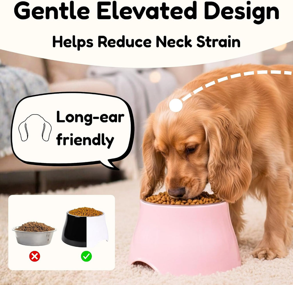 2 Pack Elevated Spaniel Dog Bowl, Melamine Raised Dog Food Bowl for Long-Eared Dogs, Raised Dog Bowls for Small & Medium Dogs, Stainless Steel Inner Bowl, Non-Slip Base (Black*2, 420 mL/1.5 Cups)