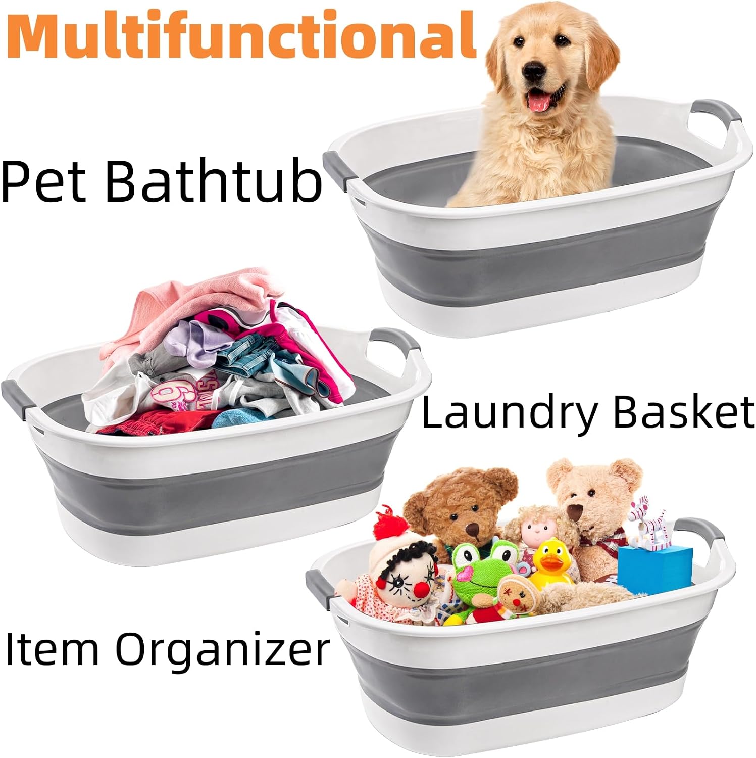 Coloch Collapsible Pet Bathtub with Water Drain Plug, Plastic Dog Bath Tub with Handle Portable Puppy Bathing Tub Space Saving Laundry Basket for Puppy, Small Dog, Cat, BPA Free, Grey
