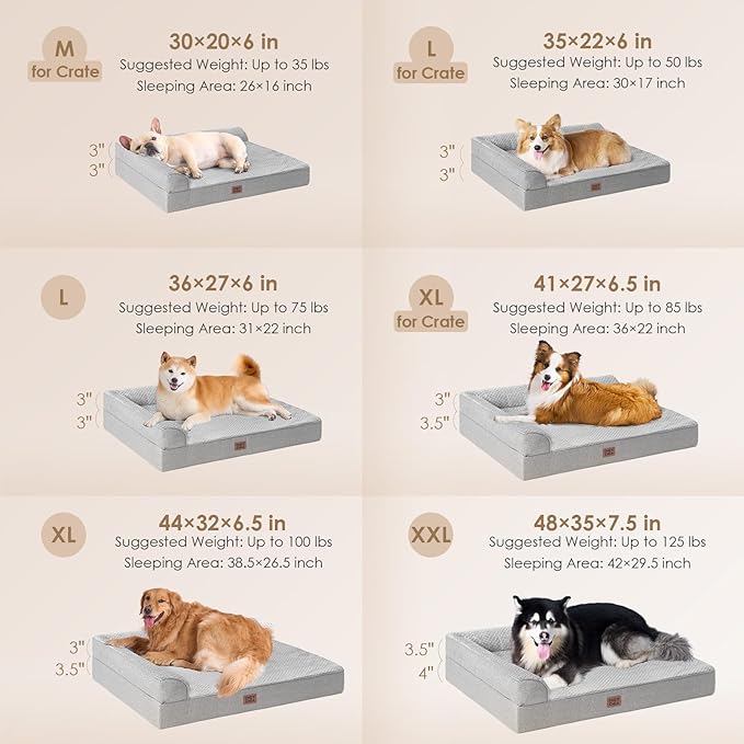 EHEYCIGA Memory Foam Dog Bed Large Size Dogs, Orthopedic Dog Bed Large with Washable Removable Cover, Waterproof Pet Sofa Couch with Nonskid Bottom, 36x27x6, Grey