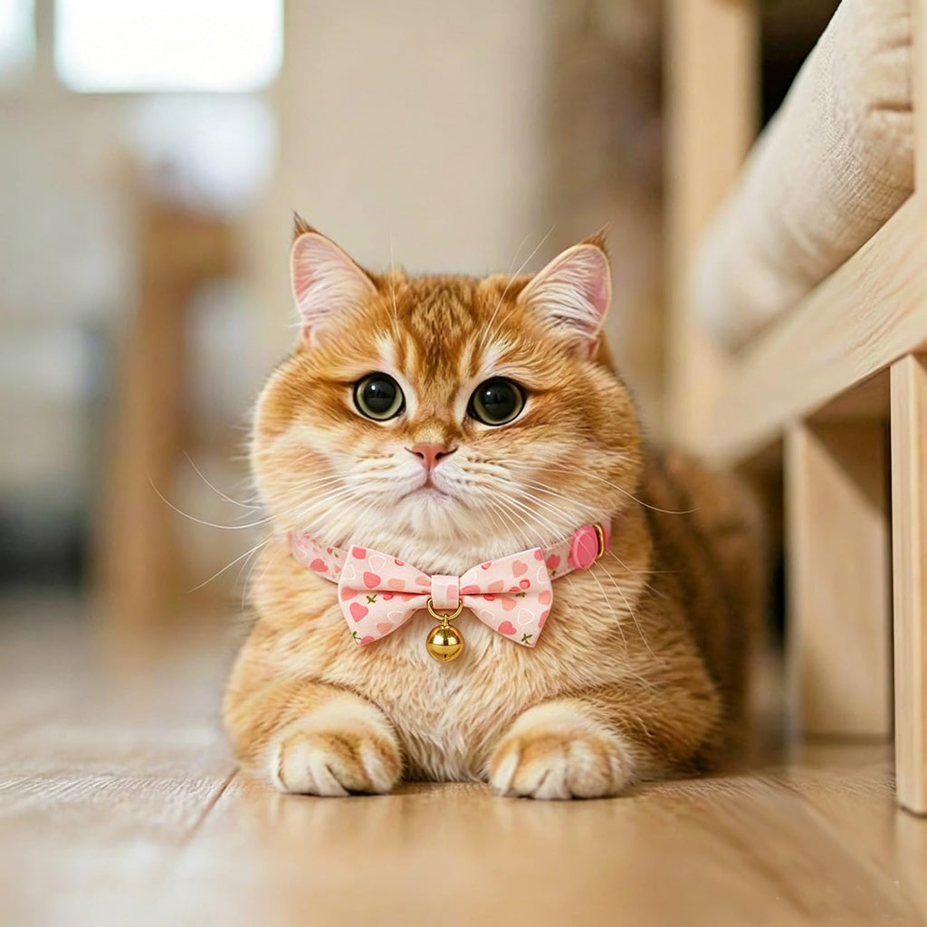 2 Pack Cat Collars with Bow Tie and Bell Adjustable Breakaway Pink Kitten Collar for Female Cats(Peach & Cherry)