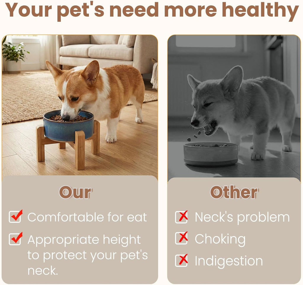hjn Elevated Ceramic Dog Bowl with Bamboo Stand, Raised Pet Feeding Station for Small Medium Dogs Cats, Modern Design with Anti-Slip Base (Deep Blue, 3.6Cup)