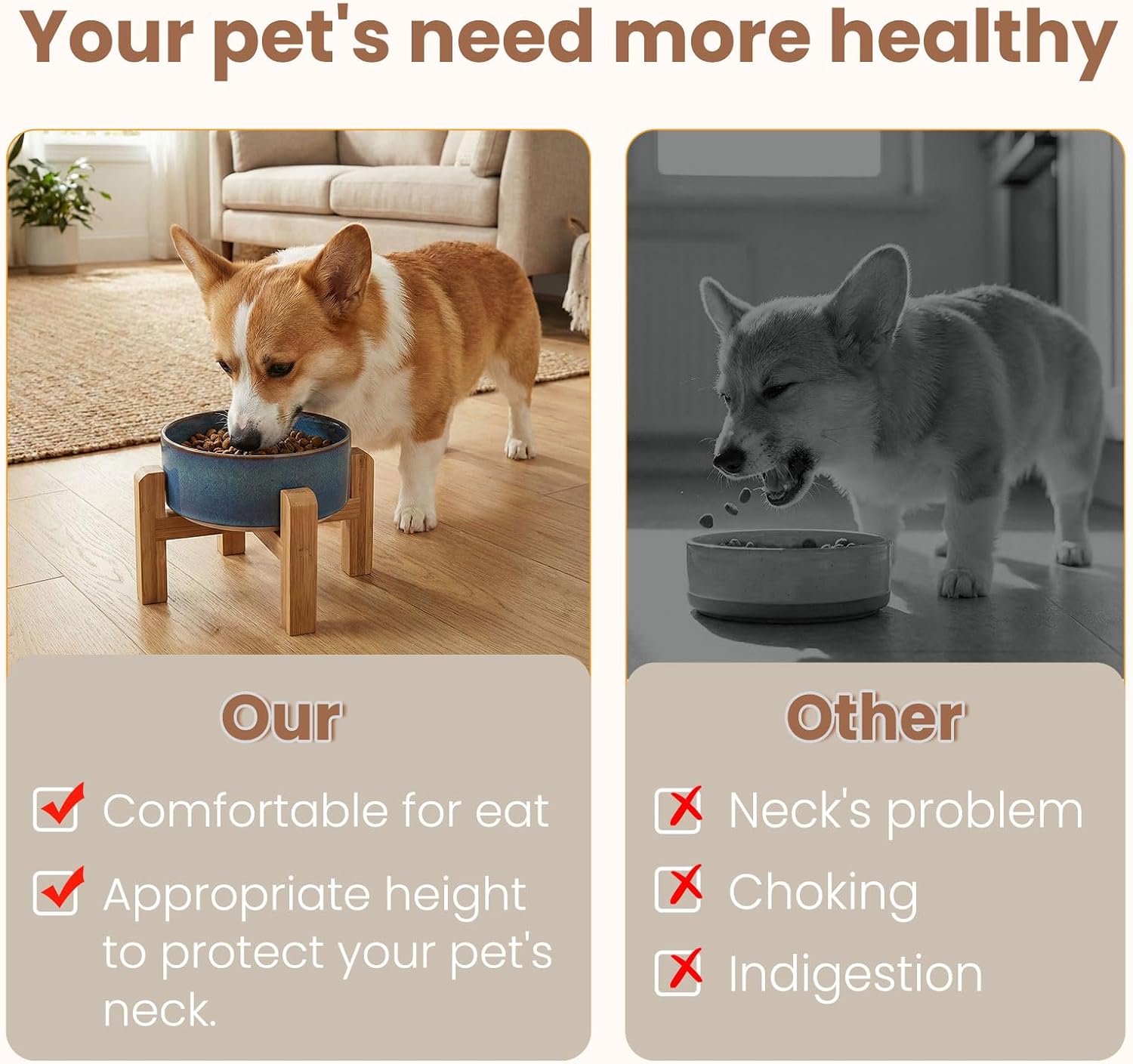 hjn Elevated Ceramic Dog Bowl with Bamboo Stand, Raised Pet Feeding Station for Small Medium Dogs Cats, Modern Design with Anti-Slip Base (Deep Blue, 3.6Cup)
