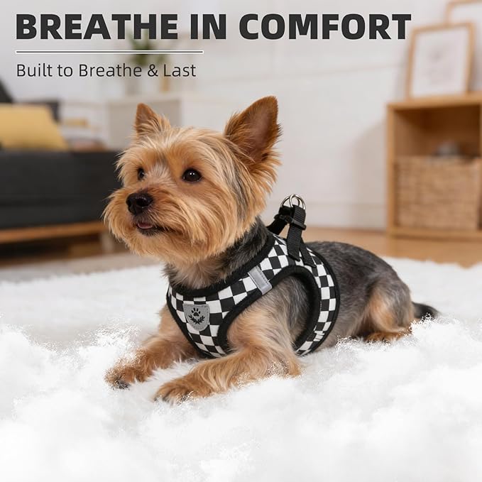 PUPTECK Adjustable Dog Harness Collar and Leash Set Step in No Pull Pet Harness for Small Medium Dogs Puppy and Cats Outdoor Walking Running, Checkered Black&White M