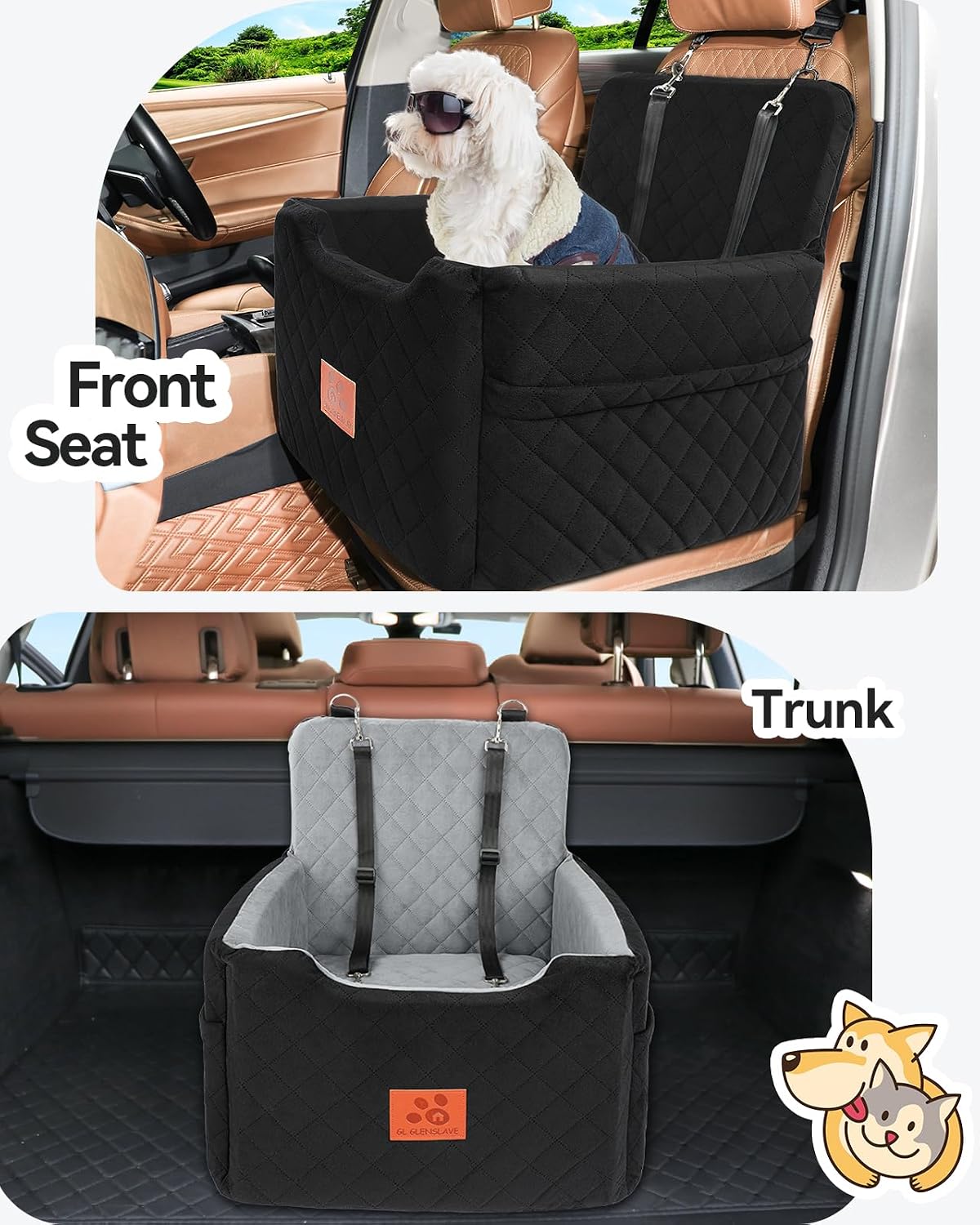 GL GLENSLAVE Dog Car Seat for Small/Medium Dogs Under 35lbs,Memory Foam Dog Booster Seats,Detachable and Washable Traval Pet Car Seat,Dogs Bed with 2 Safety Belts(Balck)