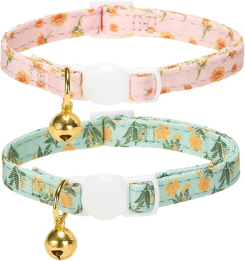 2 Pack Cat Collars, Removable Bowtie, Floral Pattern, Safety Breakaway Clasp, Adjustable for Cats.(Adult Cat,Mint Green and Lt Pink with Floral)