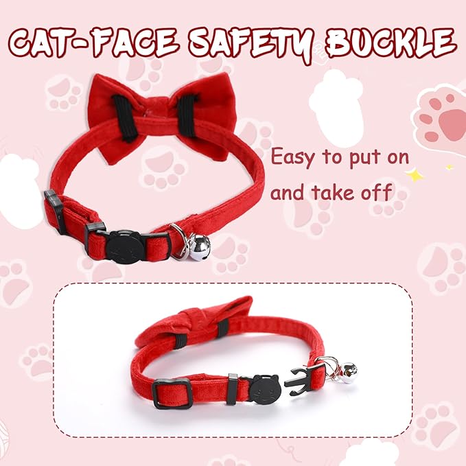 2 Pcs Velvet Cat Collar Cute Cat Bow Tie Collar Adjustable Breakaway Collars with Bell and Bow Tie Solid Color Removable Cats with Safety Buckle for Cats Kitten Puppy Pet Accessories