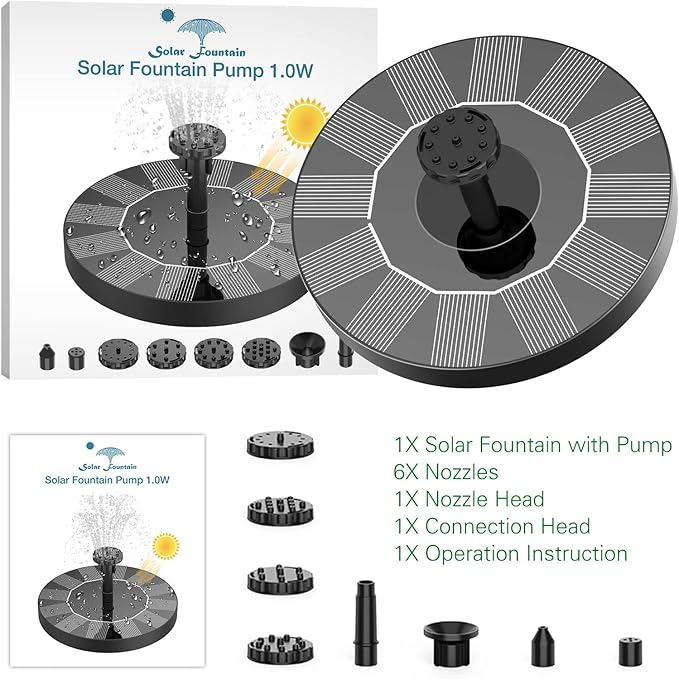 AISITIN Solar Bird Bath Fountain Pump, Solar Fountain Pump for Bird Bath with 6 Nozzles, Solar Powered Water Fountain Pump for Garden, Ponds, Pool, Fish Tank and Outdoor, 1.5W, 1.5W-New