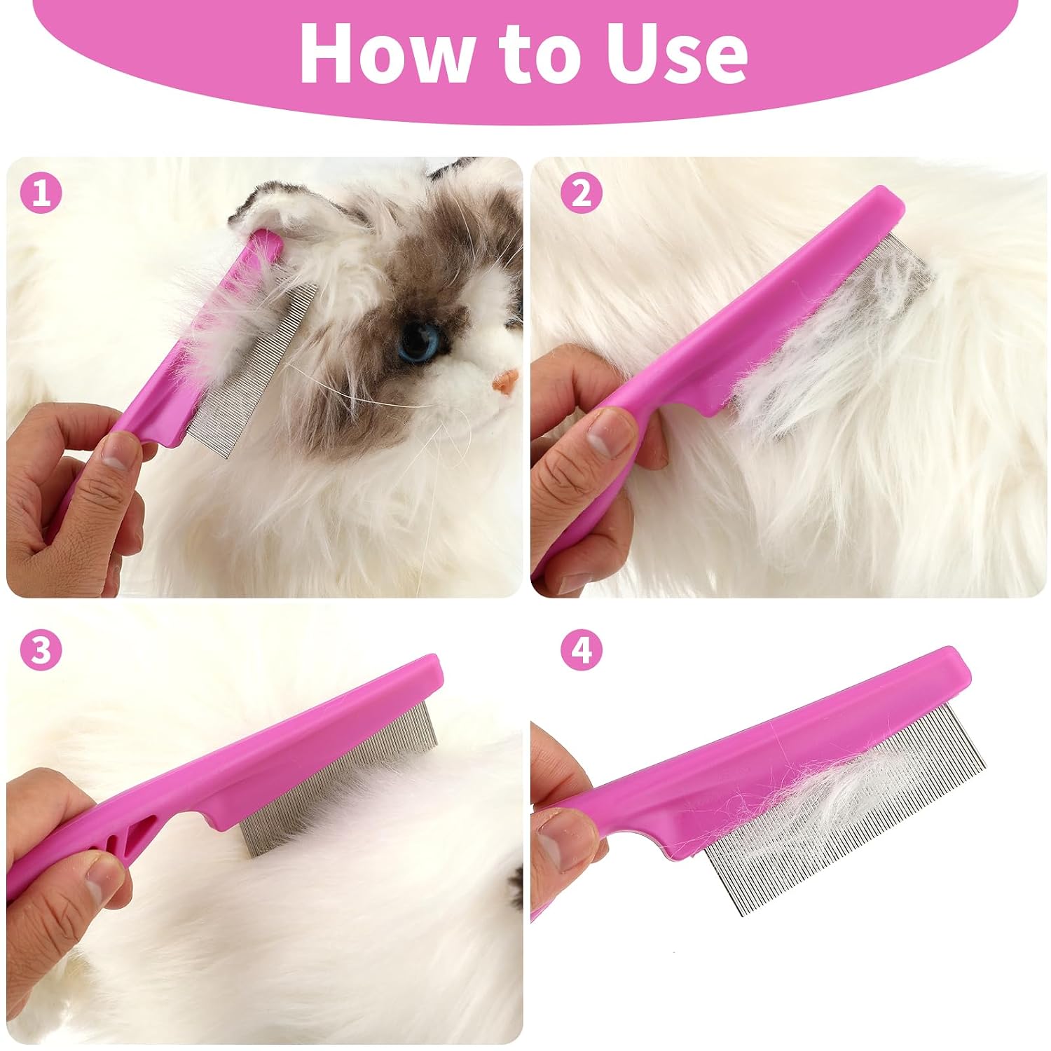 TIESOME Pet Hair Comb Tear Stain Removal,2 Pack Multifunctional Pets Grooming Comb Kit 2 in 1 Dog Combs Stainless Grooming Massage Dual-Sided Comb for Knots Crust Floating Hair Tangle Fleas(Pink) | Multifunctional Pets Grooming Comb Kit, 2 in 1 Dog