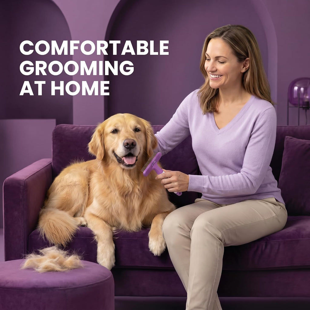 Poodle Pet Dog Grooming Rake| Dematting Tool with Stainless Steel Shedding Comb for Pets | 2 Rows of Pins Gently Remove Loose or Tangled Hair from Undercoat | Purple Handle