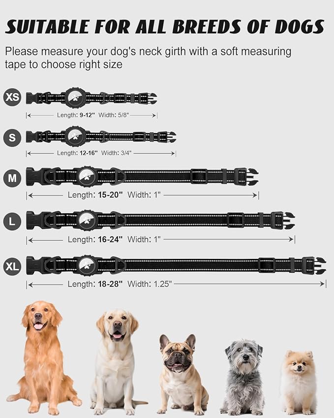 Joytale Airtag Dog Collar, Dual D-Rings, Waterproof Reflective Pet Collar with AirTag Holder, Soft Padded Adjustable for Large Dogs, Black, L