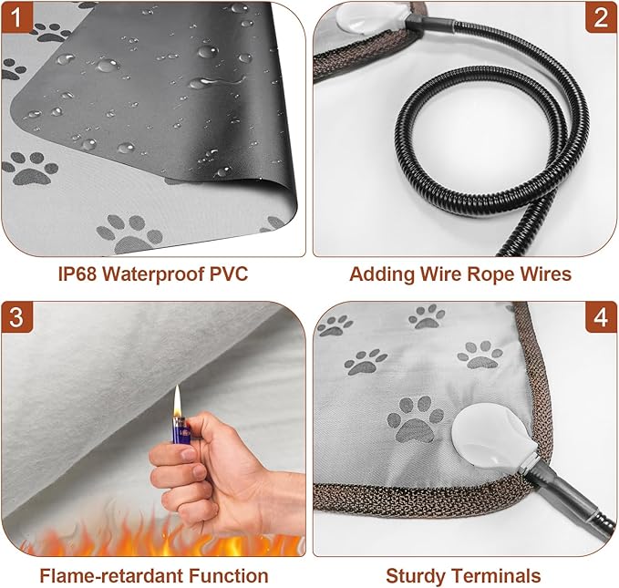 Cat Heating Pad 18x18 in with Smart Thermostat Switch and Power Line Protection Tube,Obtained MET and UL Dual Certification,Waterproof Pet Heating Pad for Cats-Paw Print