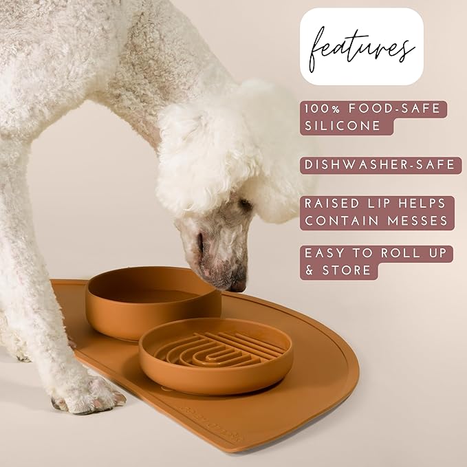 Should We Go - Waterproof Silicone Pet Food Mat - Non-Slip, Spill-Proof Feeding Mat for Floors, Raised Edge Design, Easy-to-Clean, Rubber Pad for Dog & Cat Bowls, 28" Across x 14" Deep, Large-Spruce