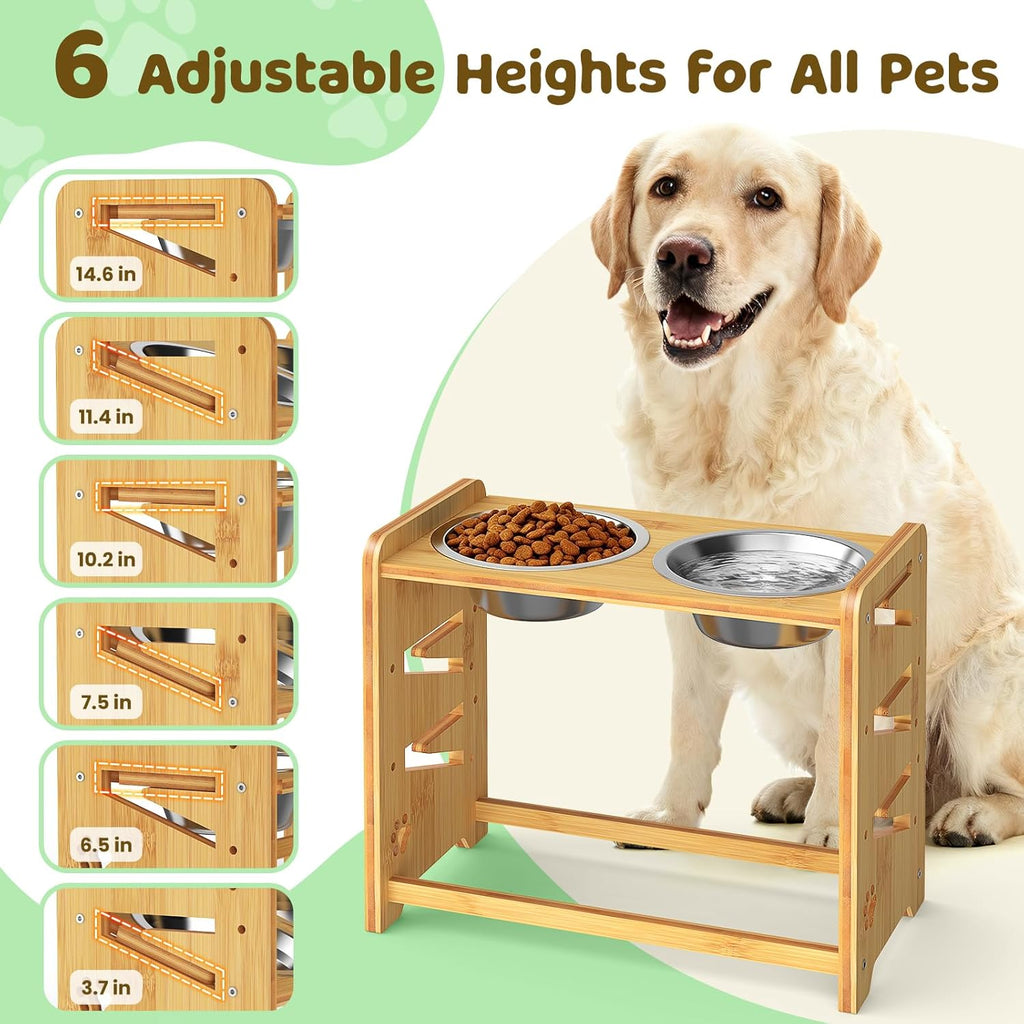 Elevated Dog Bowls, Adjustable Raised Dog Bowl Stand for Large and Medium Pet, 15" High Bamboo Pet Food Feeder with 2 Stainless Steel Dishes（6 Heights）