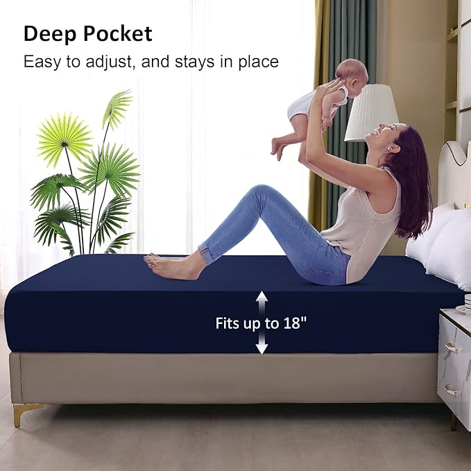 Waterproof Mattress Protector King, Fitted Sheet Style Breathable Mattress Cover with Deep Pocket Fits Up to 18'', Noiseless Bed Cover for Kids Adults Pets, Machine Washable (Navyblue, 76'' X 80'')