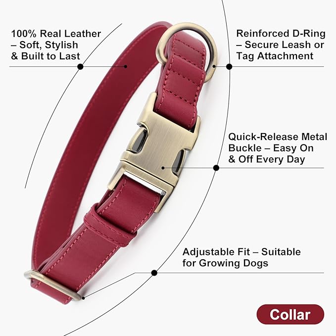 Plutus Pet Genuine Leather Dog Collar – Adjustable Pet Collar with Quick Release Metal Buckle, Soft Real Leather for Small Medium Large Dogs, Heavy Duty & Skin-Friendly (Burgundy, L)