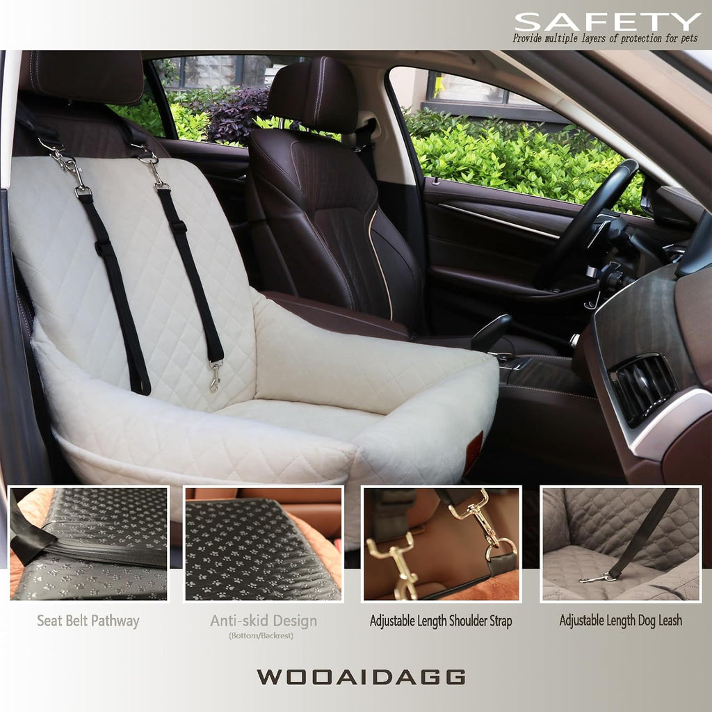 WOOAIDAGG Dog Car Seat for Small Dogs,Ultra-Soft Fabric,2 Storage Pockets & Safety Leash,Adjustable Straps,Easy to Install,Fully Detachable and Washable(Beige)