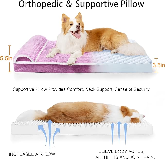 Orthopedic XL Dog Bed Large Sized Dog with Pillow 48''X30'', Waterproof Soft Comfortable Egg Crate Foam Pet Crate Beds Mat with Removable Washable Cover and Non-Slip Bottom, Lilac