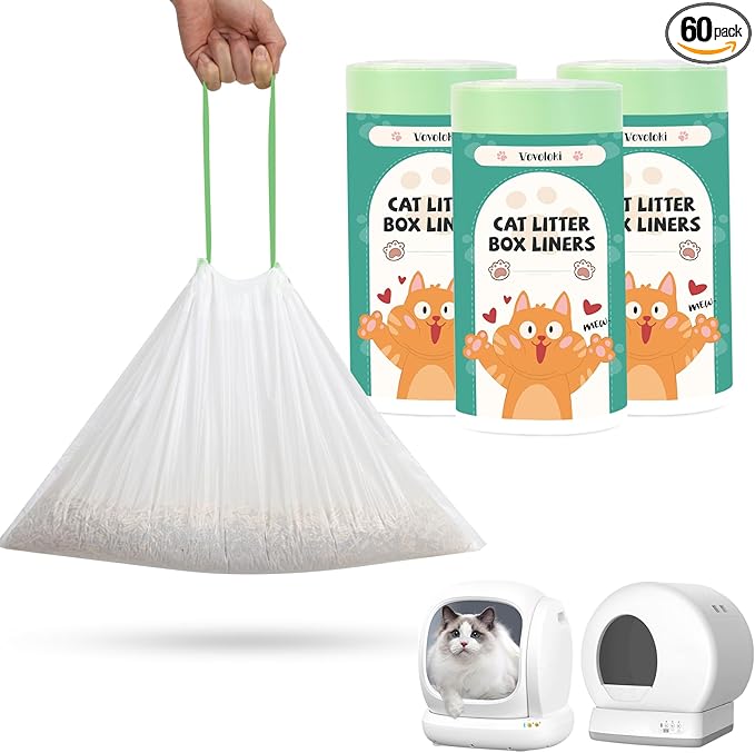 60 Count Cat Litter Box Liners Bag Compatible with Meo Want Self-cleaning Cat Litter Box MW-SC01 MW-SC02 MW-LR01, Leak-Proof Drawstring Bags - Heavy Duty Replacement Liners 18" x 12.6"