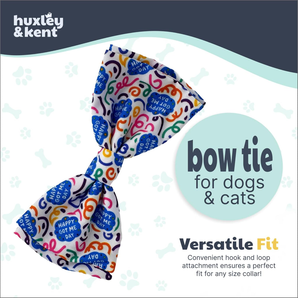 Huxley & Kent Pet Bow Tie for Dogs & Cats, Happy Got Me Day, Large/XLarge | Hook & Loop Attaches to Any Collar, Soft Polyester, Lightweight & Machine Washable, Perfect for Holidays & Photos
