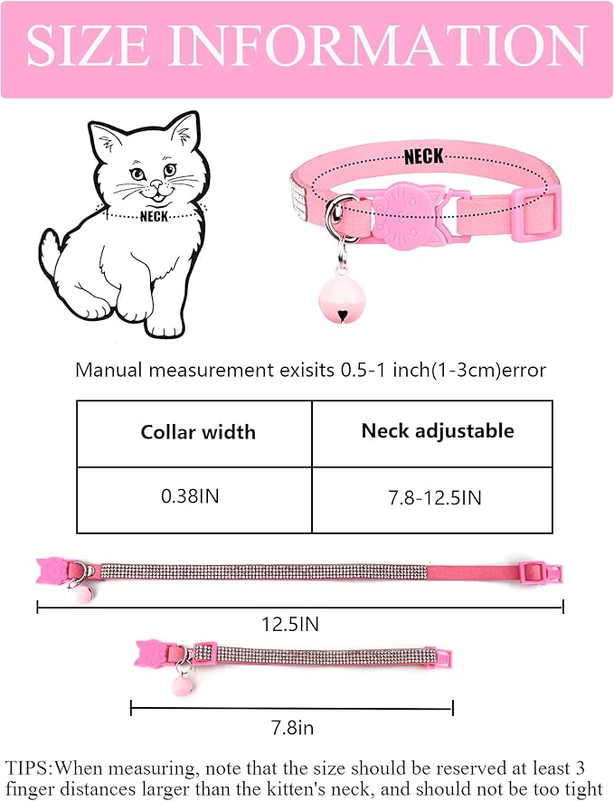 Cat Collars for Girl Cats with Rhinestone Soft Velvet,Breakaway Cat Collars with Bell,Adjustable Safe Kitten Collar (Multicolour Black)