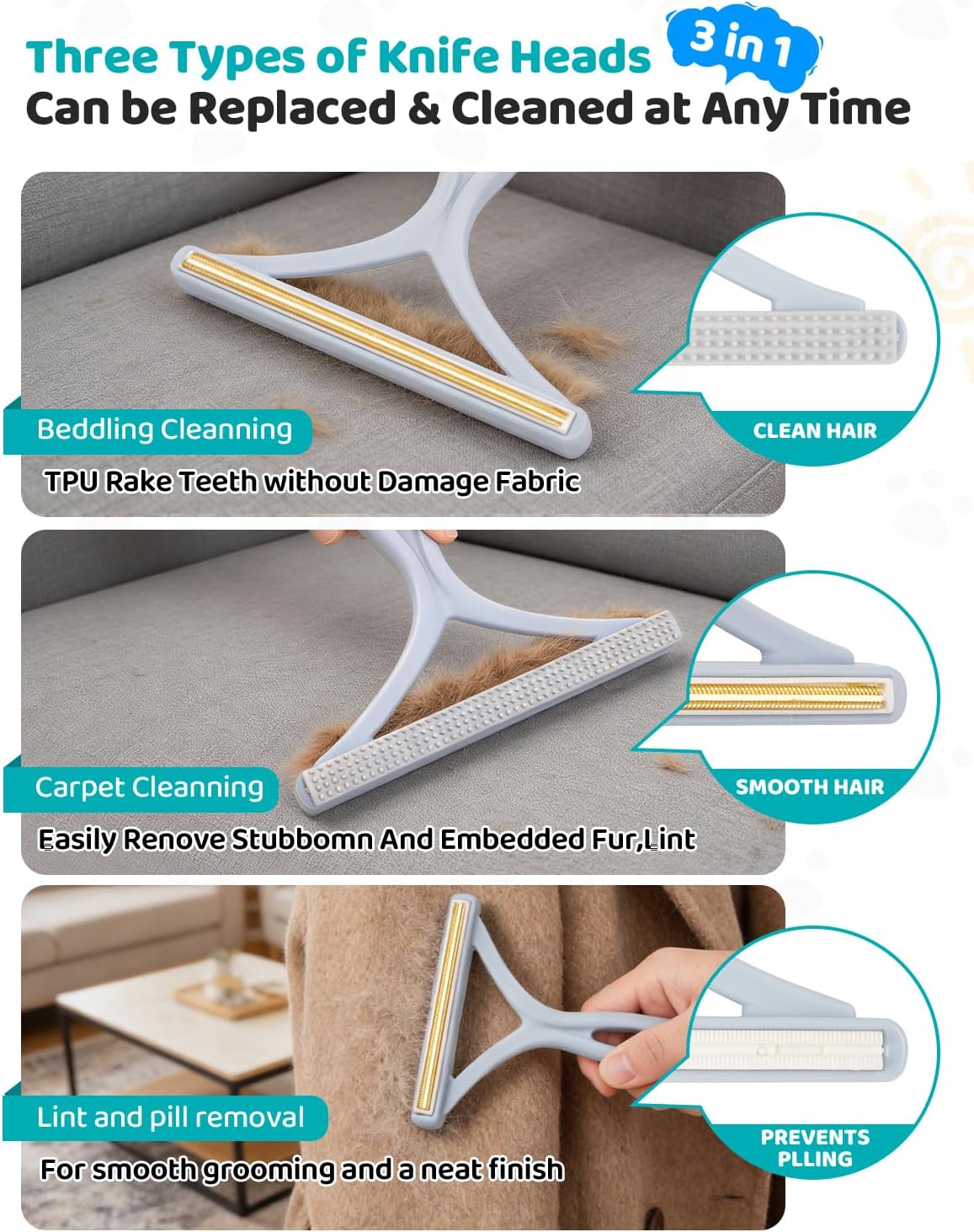 Carpet Rake for Pet & Human Hair Removal, Reusable Pet Hair Remover Tool with 54 Inch Adjustable Long Handle, 3 Piece Carpet Scraper Set, Easy Assembly for Rugs, Carpets, Couch and Furniture
