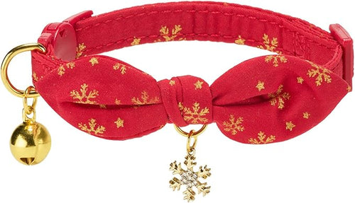 2 Pack Christmas Cat Collar with Bell and Removeable Bunny Bowtie,with Bling Snowflake Charm and Printing Pattern, Safety Breakaway Clasp, Adjustable for Kitten and Cats Green and Red.