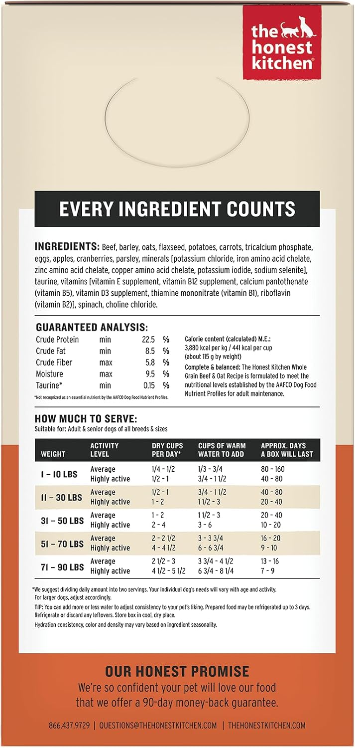 The Honest Kitchen Human Grade Wholemade™ Dehydrated Whole Grain Dog Food - Complete & Balanced Meal or Topper - Beef & Oat, 10 Pound (Makes 40 Pounds)