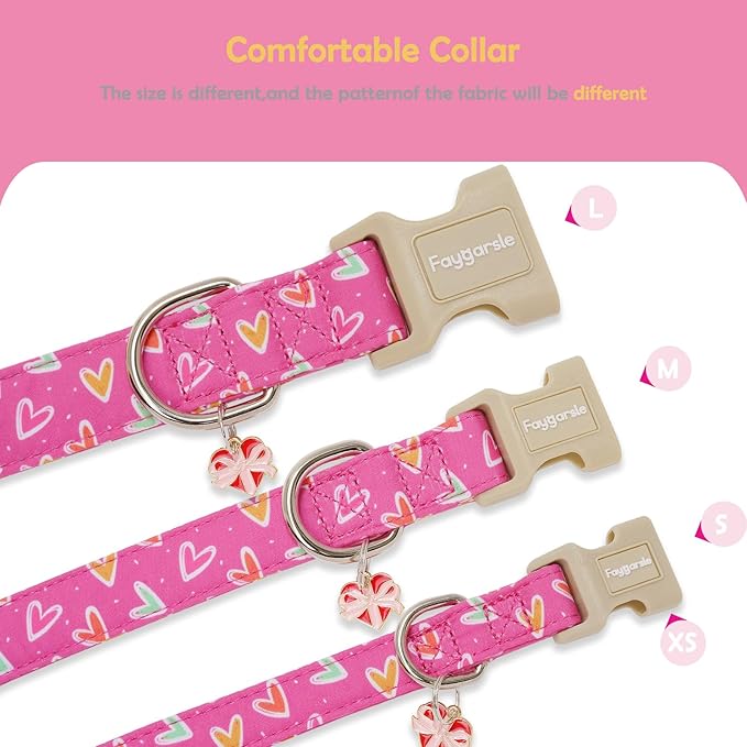 Faygarsle Valentine's Day Dog Collar, Pink Heart Pattern with Metal D-Ring and Heart Charm, Adjustable Pet Collar for Small Medium Large Dogs XS
